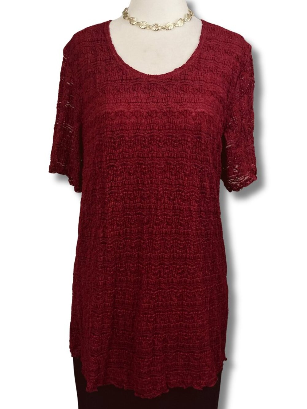 ENCORE Vintage plus-size burgundy stretchy lace short-sleeve shirt XL 1X XXL 2X